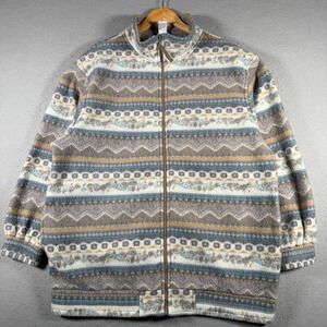 Vintage Haband Womens XL Fleece Jacket Full Zip Fair Isle Geometric Grey Blue